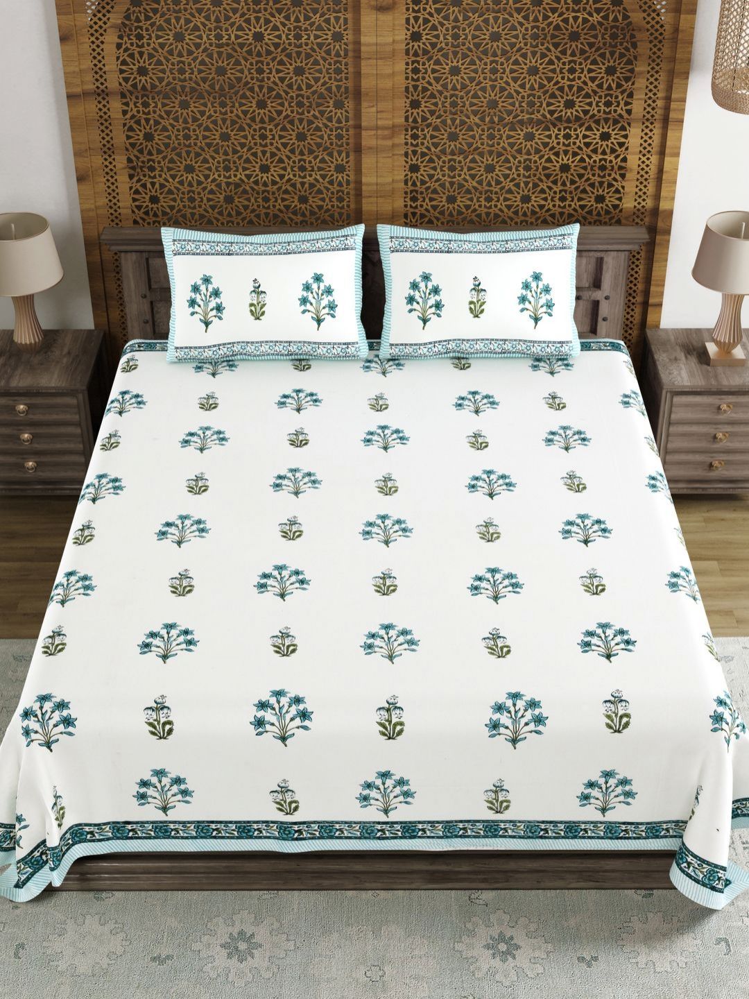 BLOCKS OF INDIA Blue & White Printed 210 TC Cotton King Bedsheet Set 2.28 m x 2.74 m-picture-13