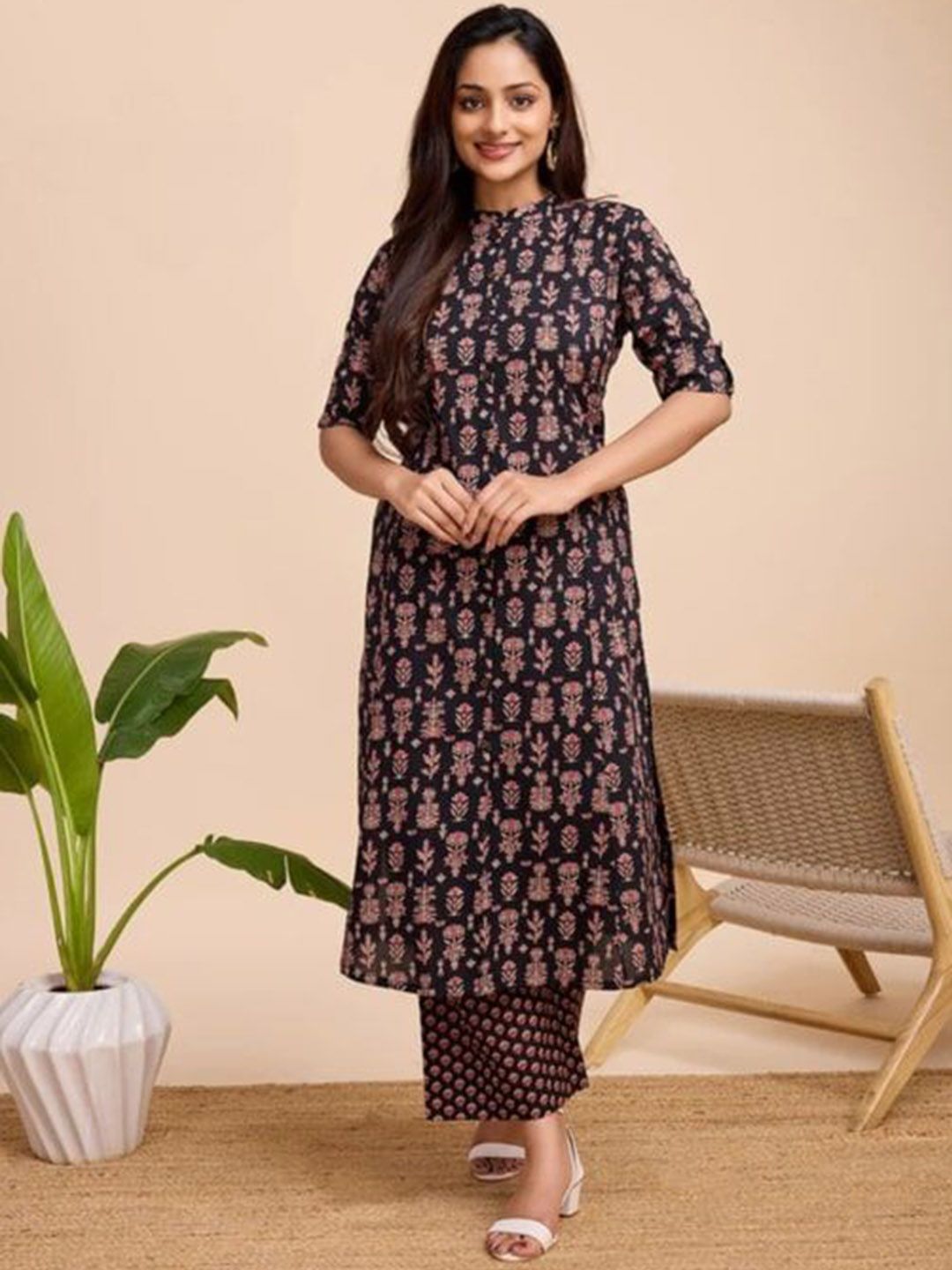 HERE&NOW Women Ethnic Motifs Printed Regular Pure Cotton Kurta with Trousers