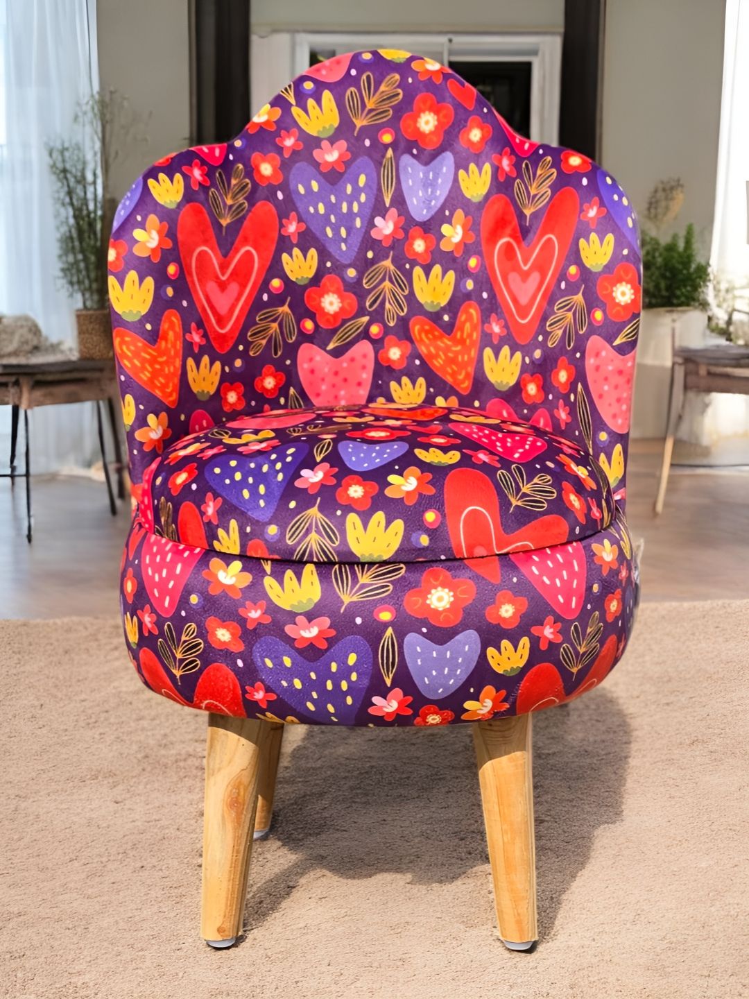 Shadowkart Purple & Pink Printed Wooden Round Ottoman Pouffe-image-20