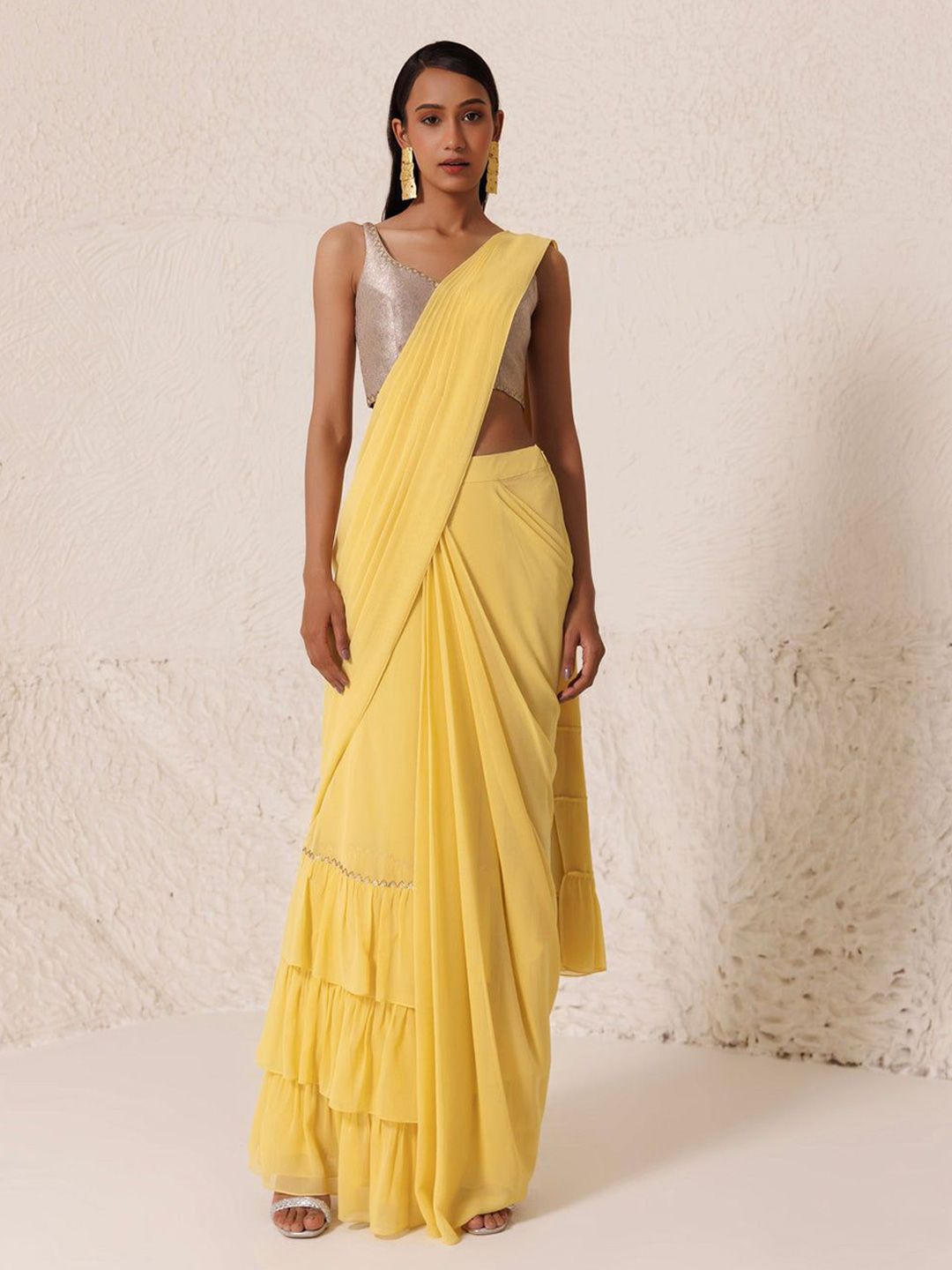 Chhaya Mehrotra Pure Georgette Ruffles Ready to Wear Saree With Stitched Blouse-image-33
