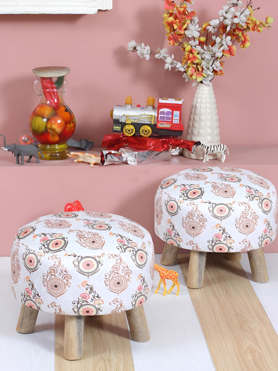 Shadowkart 2-Pcs White & Brown Printed Wooden Round Ottoman Pouffe-picture-39