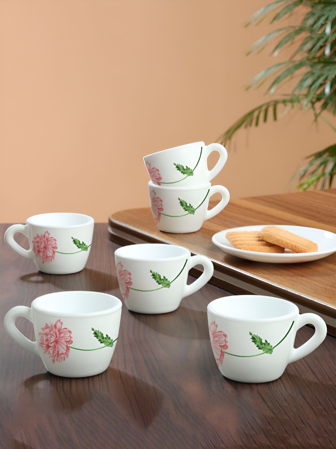 Larah by BOROSIL Mist White & Pink 6 Pieces Floral Printed Matte Cups 90ml-picture-15