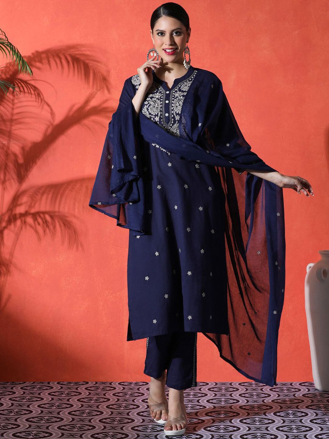 Sangria Floral Embroidered Mandarin Collar A-Line Kurta With Trousers & Dupatta