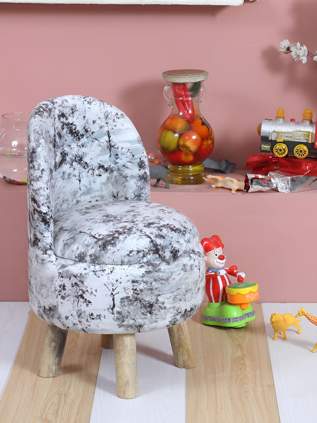 Shadowkart White & Grey Printed Wooden Round Ottoman Pouffe-picture-33
