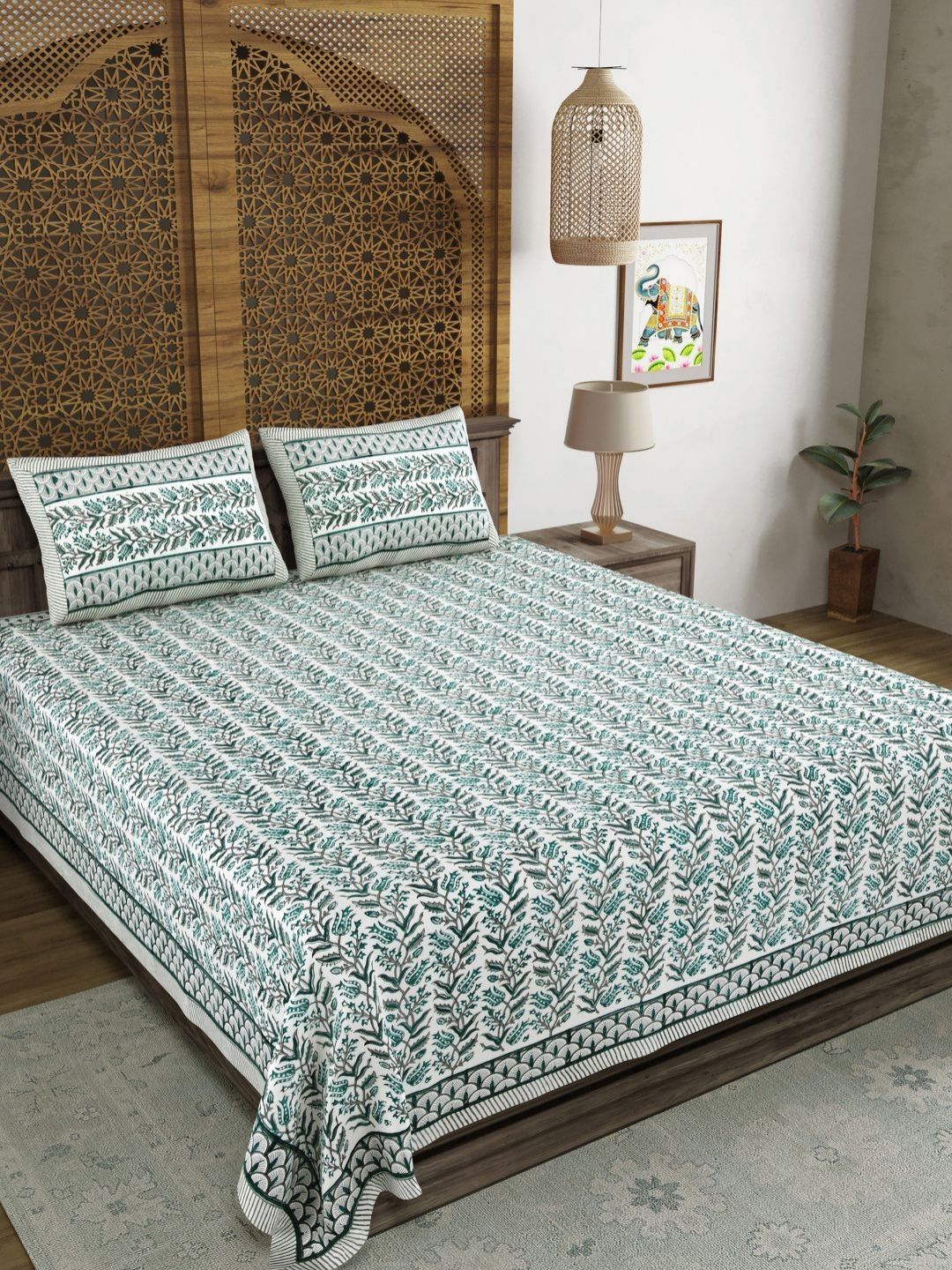 BLOCKS OF INDIA Green & Off White Printed 210 TC Cotton King Bedsheet Set 2.28 m x 2.74 m-image-30