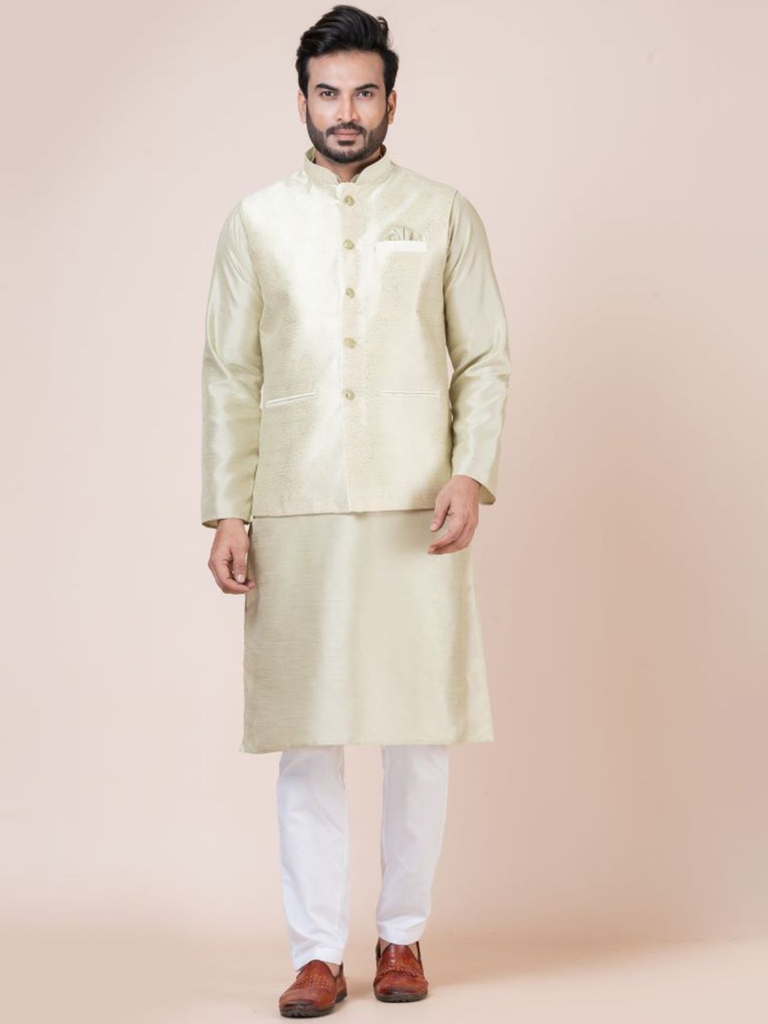 Nawaz's Mandarin Collar Straight Kurta With Trousers And Nehru Jacket-image-10