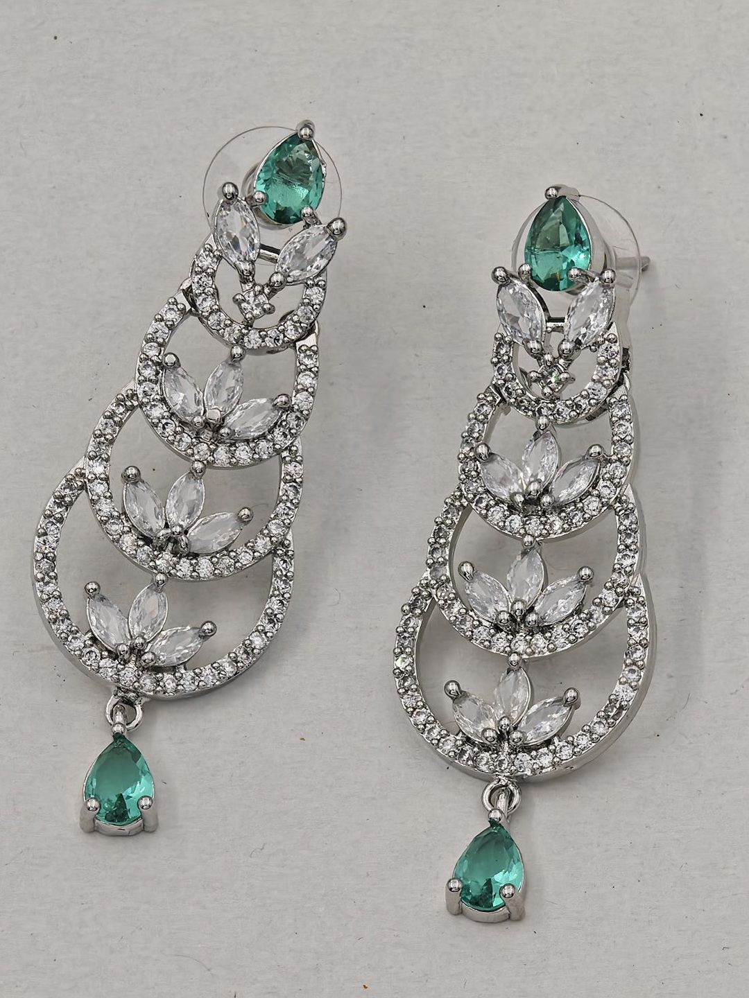 Gemron Jewel Rhodium-Plated American Diamond Studded Contemporary Drop Earrings-picture-23