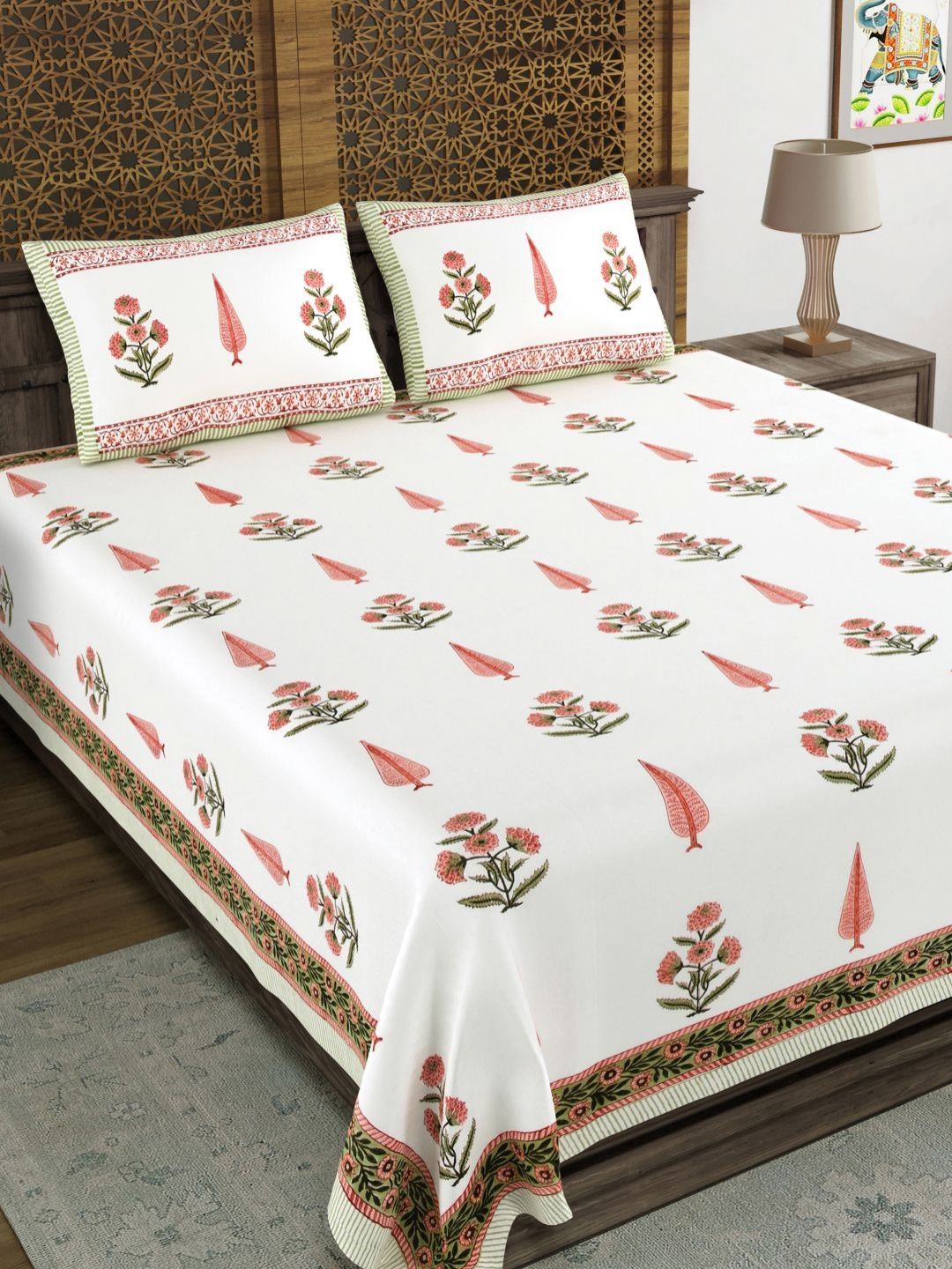 BLOCKS OF INDIA Pink & White Printed 210 TC Cotton King Bedsheet Set 2.28 m x 2.74 m-picture-42