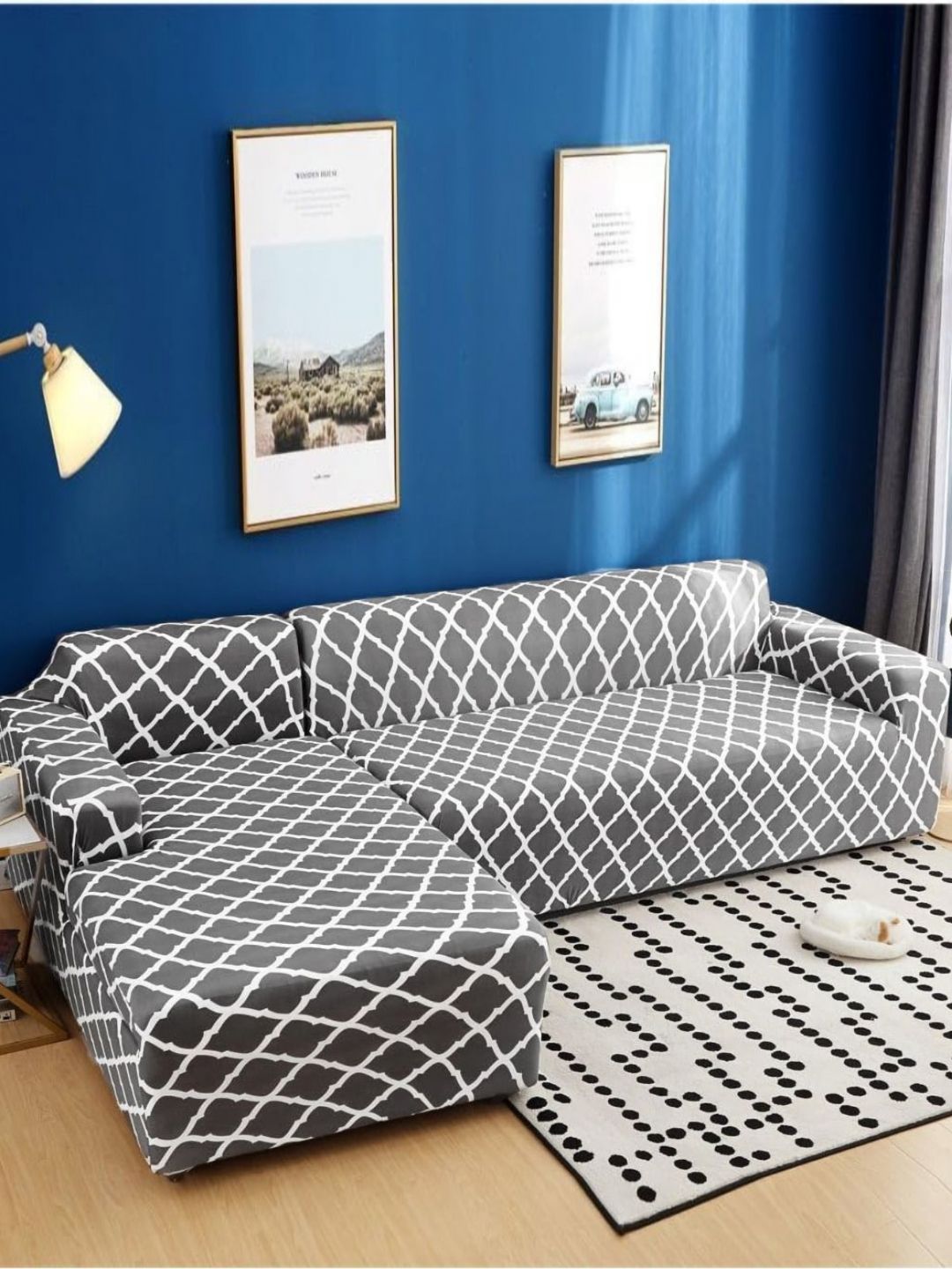 GIFTS ISLAND Grey 2 Pieces Diamond Printed 3+3 Seater L-Shape Sofa Covers With Arms-image-33