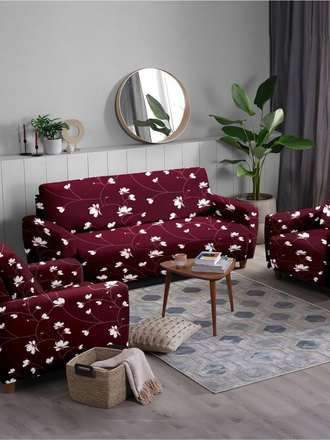 GIFTS ISLAND Maroon & White Printed Polyester 5 Piece Sofa Cover With Arms-picture-39