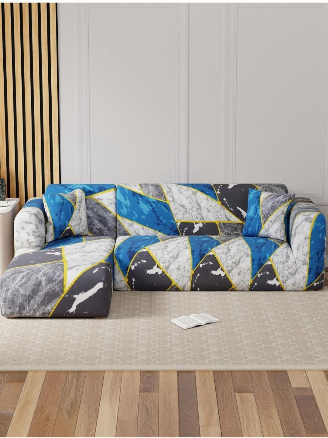 GIFTS ISLAND Grey & White 2 Pieces Marble Printed 3+3 Seater L-Shape Sofa Covers With Arms-picture-56