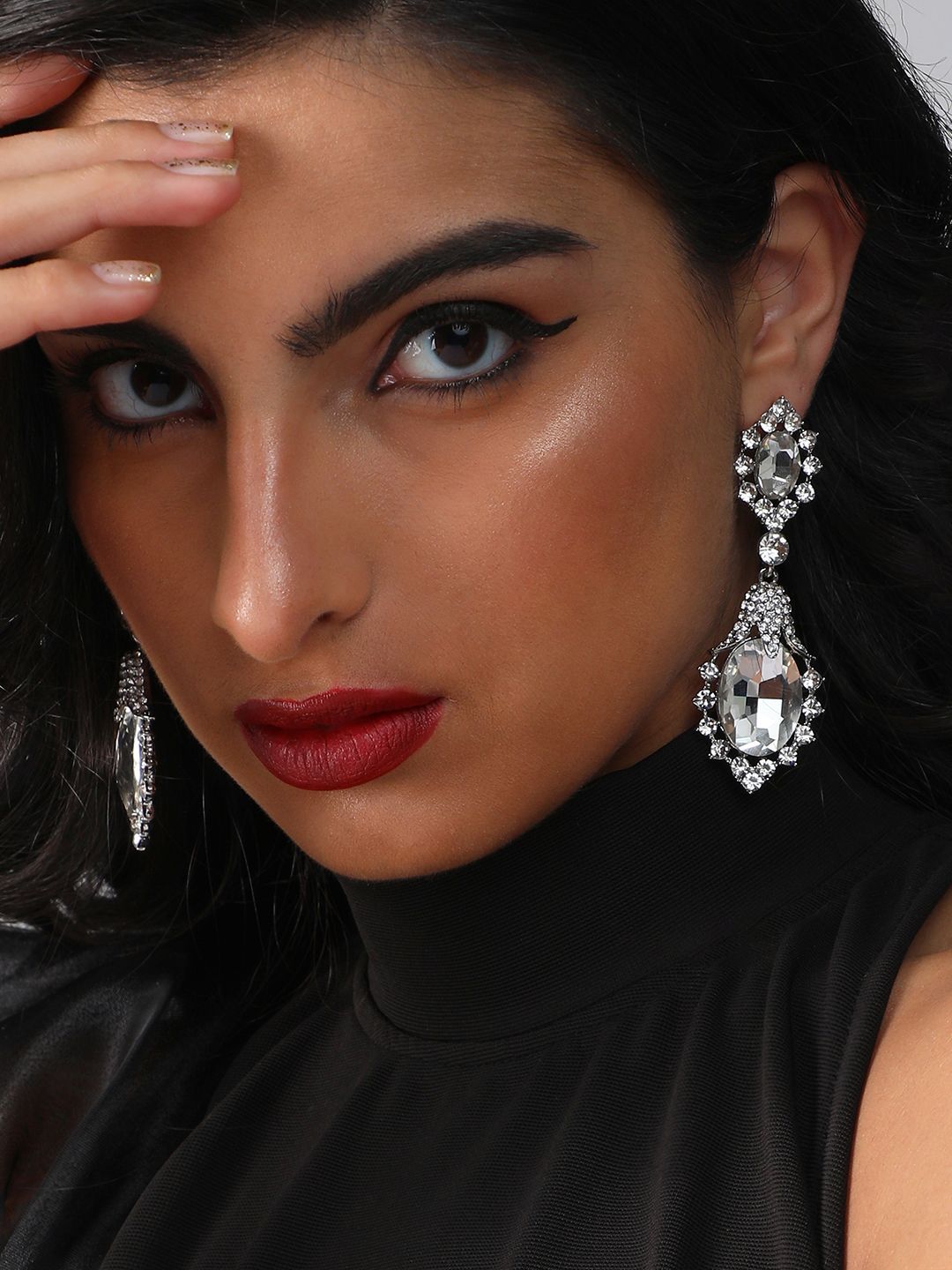 DressBerry Silver-Plated Artficial Stones Studded Contemporary Shaped Drop Earrings-picture-33