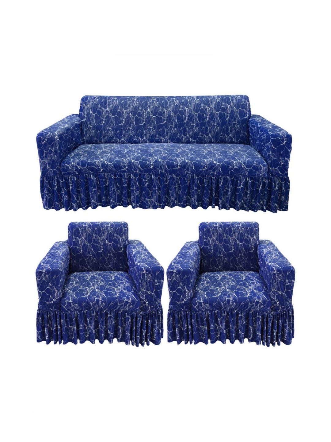 GIFTS ISLAND Navy Blue & White Printed Polyester 5 Piece Sofa Cover With Arms-picture-36