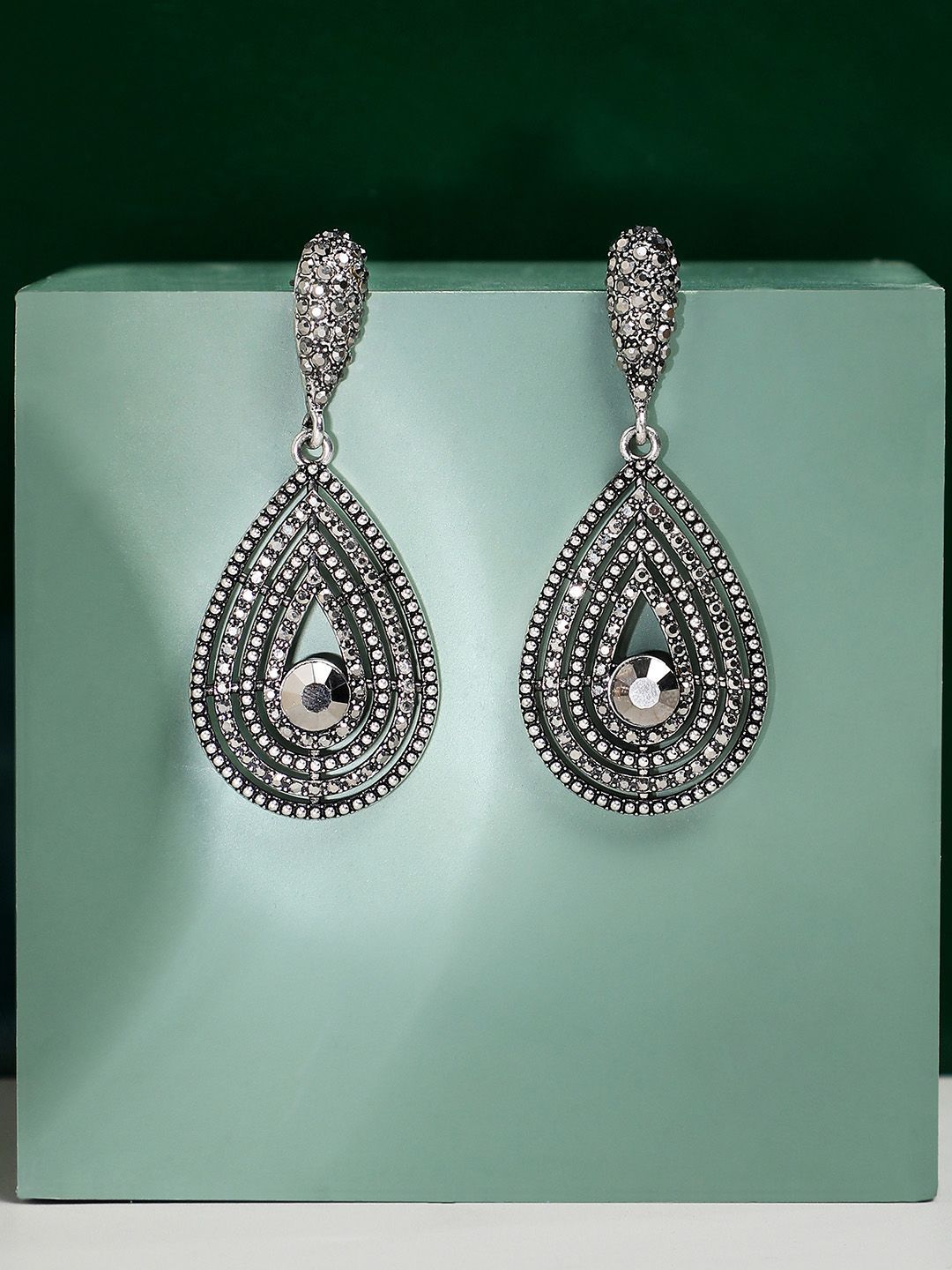 DressBerry Silver-Plated Crystals Studded Teardrop Shaped Drop Earrings-picture-28