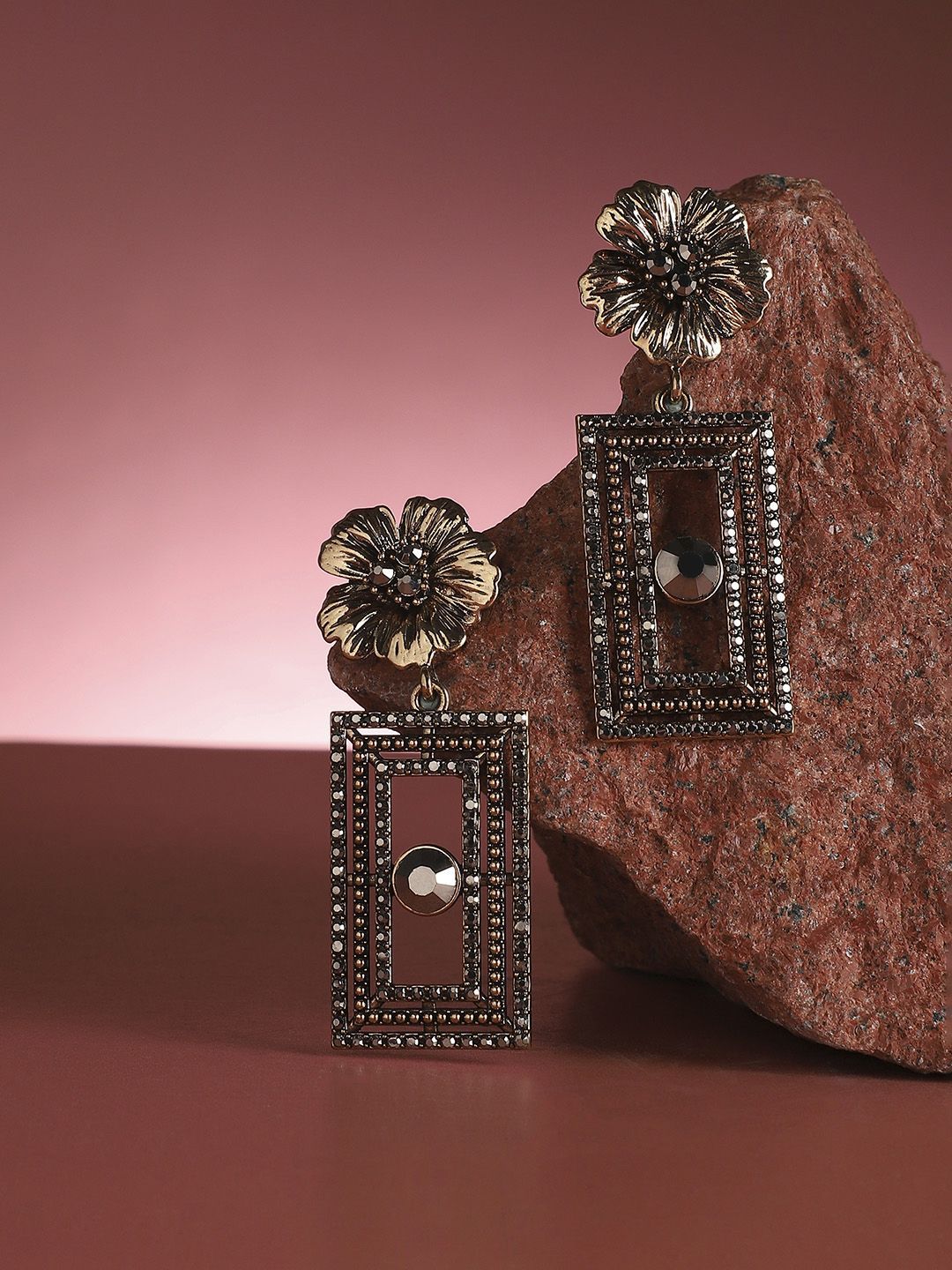 DressBerry Gold-Plated Artificial Stones Studded Contemporary Drop Earrings-picture-35