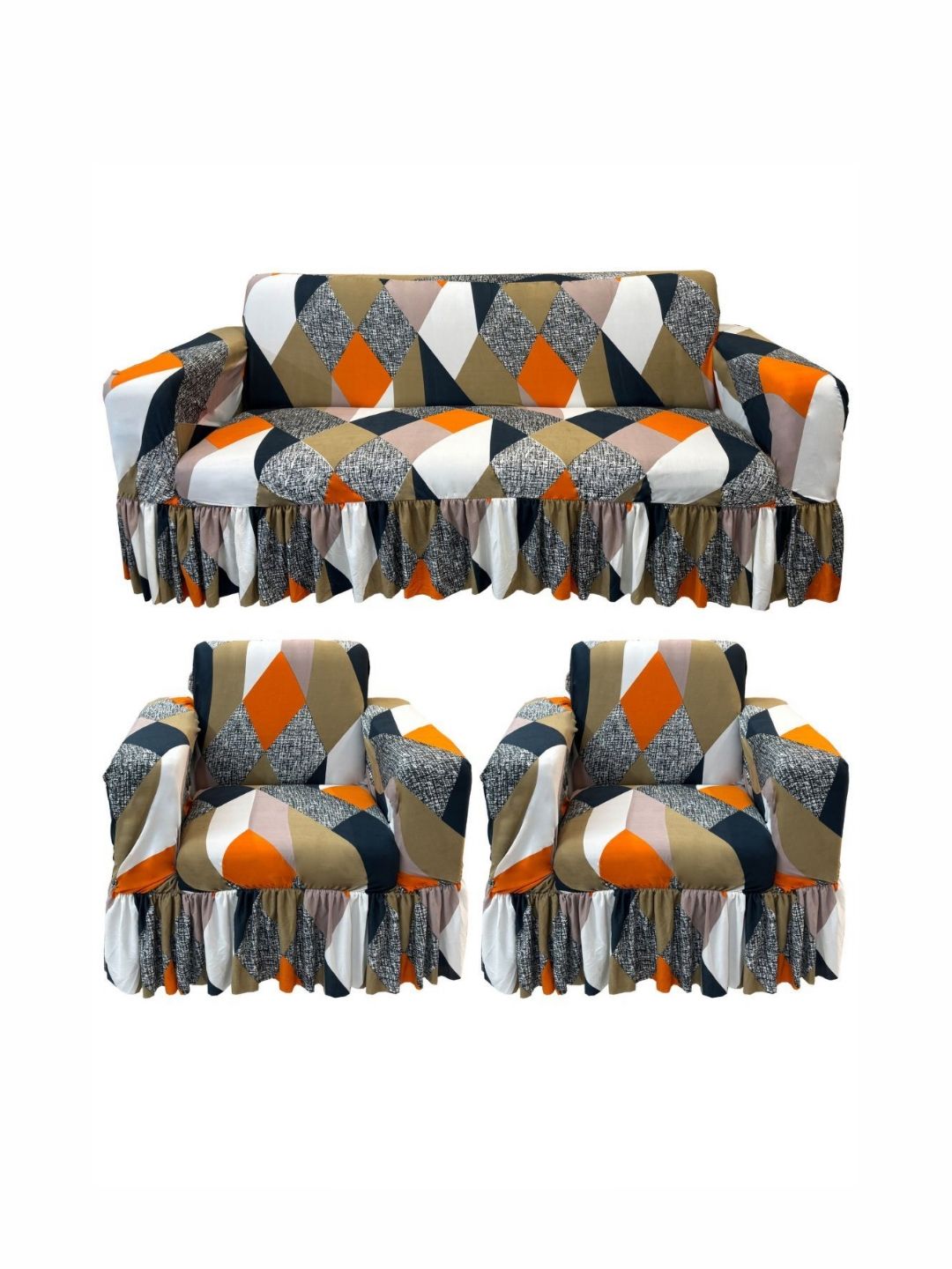 GIFTS ISLAND Beige & White Printed Polyester 5 Piece Sofa Cover With Arms-picture-41