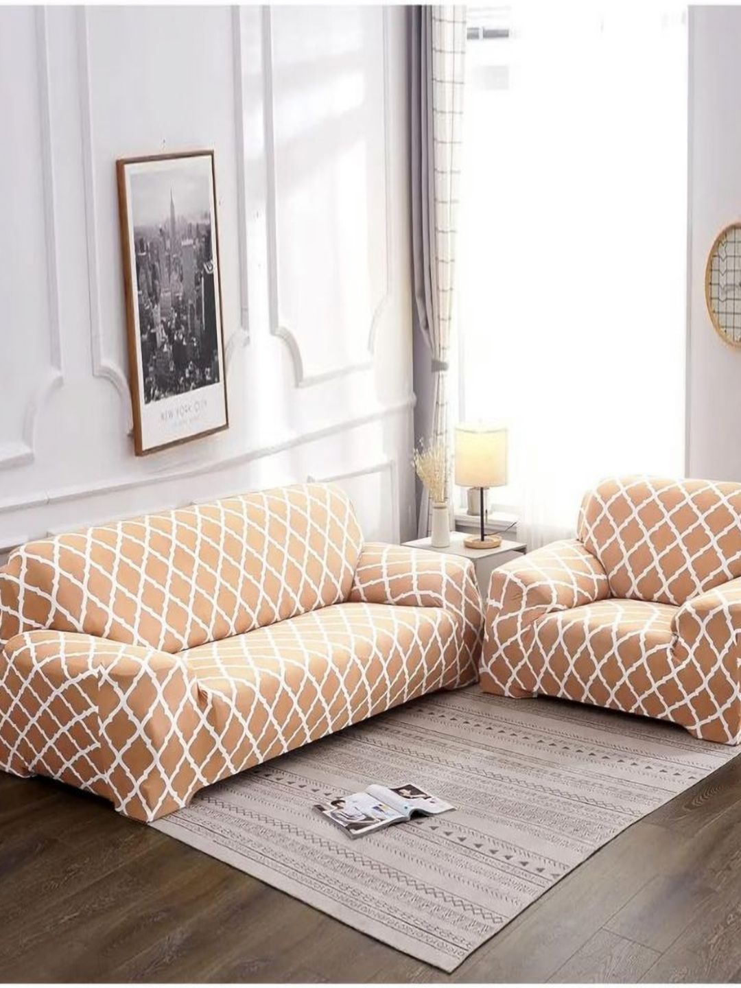 GIFTS ISLAND Beige & White Checked Polyester 3 Piece Sofa Cover With Arms-picture-40