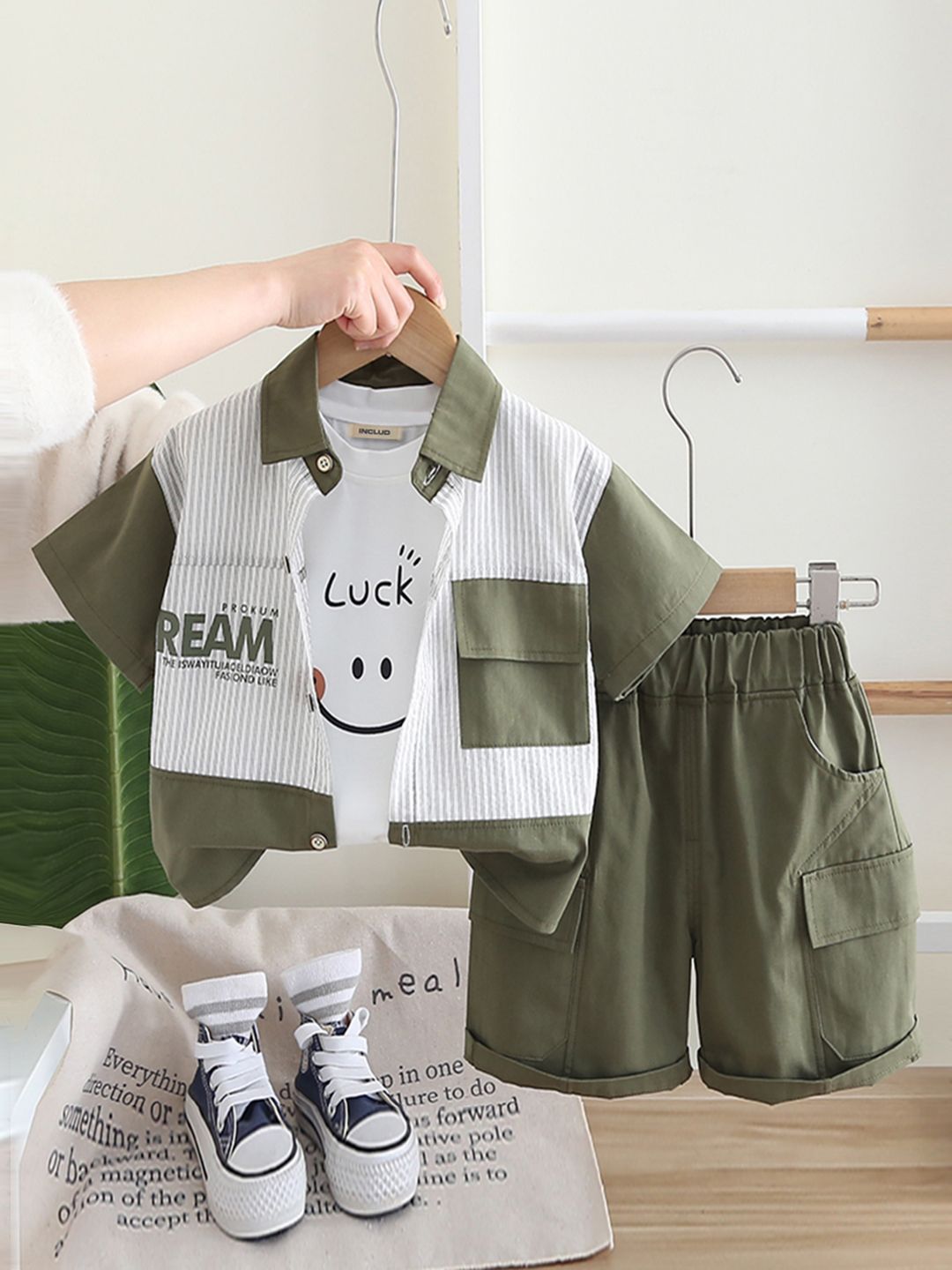 INCLUD Boys Color-Blocked Shirt With T-Shirt And Cargo Shorts