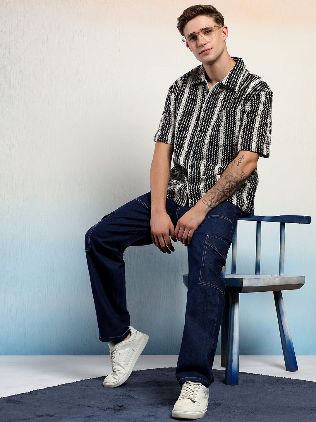 Kotty Men Monochrome Striped Cotton Shirt-image-46