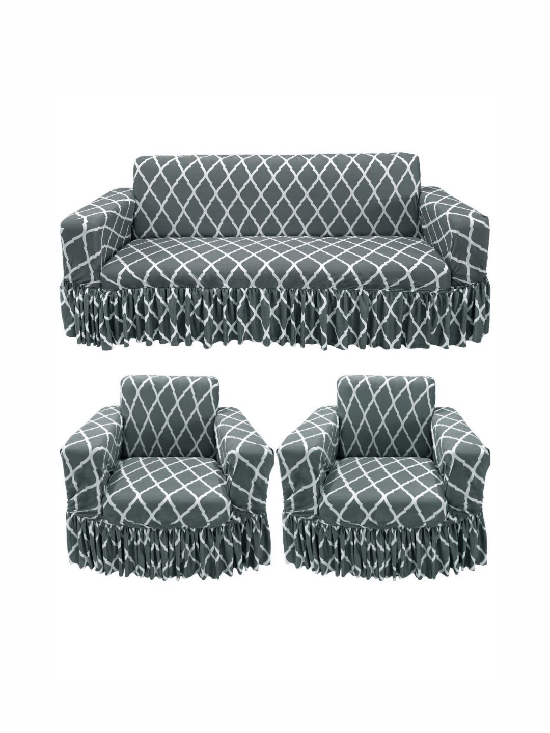 GIFTS ISLAND Grey & White Printed Polyester 3 Piece Sofa Cover With Arms-picture-35