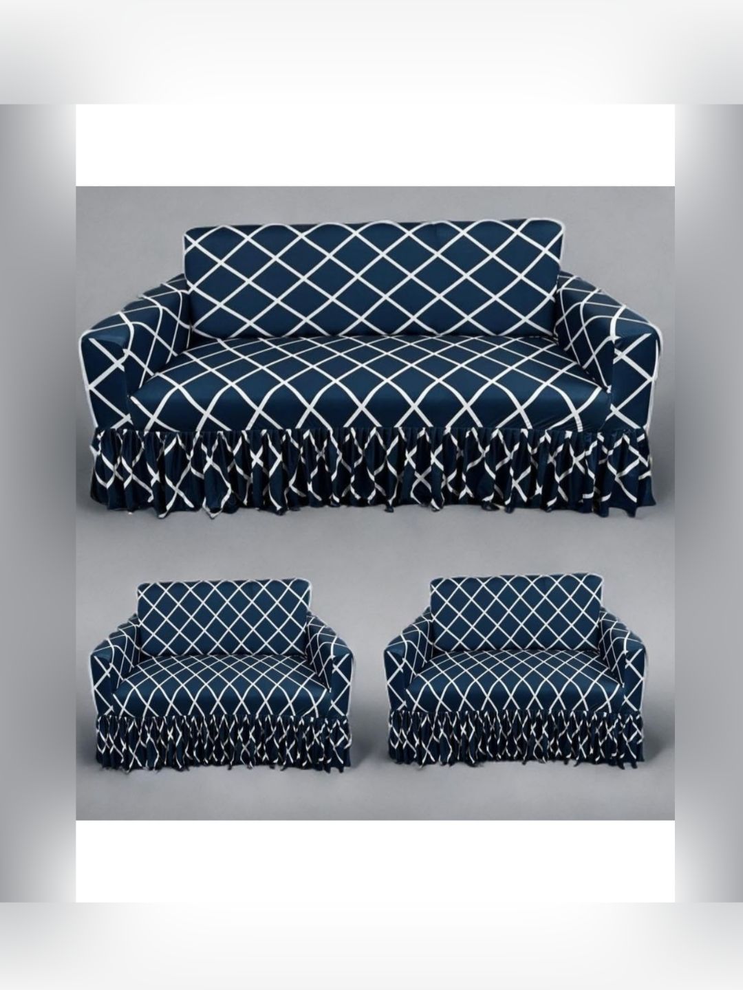 GIFTS ISLAND Blue & White Printed Polyester 3 Piece Sofa Cover With Arms-picture-27