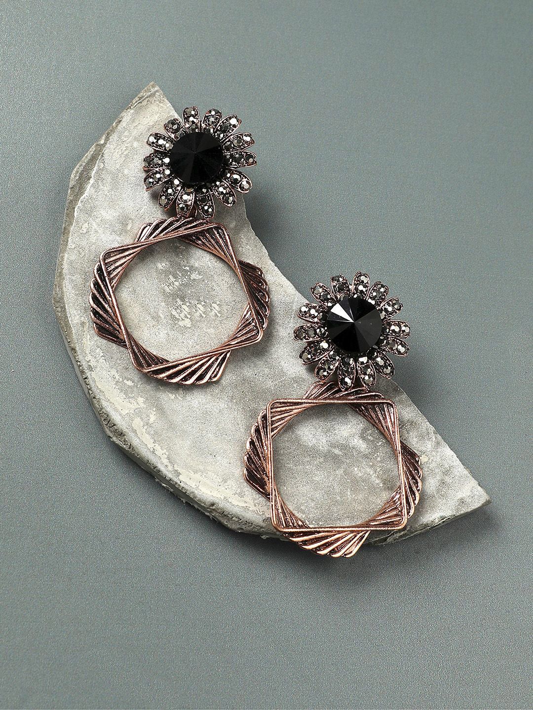 DressBerry Rose Gold-Plated Artificial Stones Studded Twisted Square Shaped Drop Earrings-picture-16