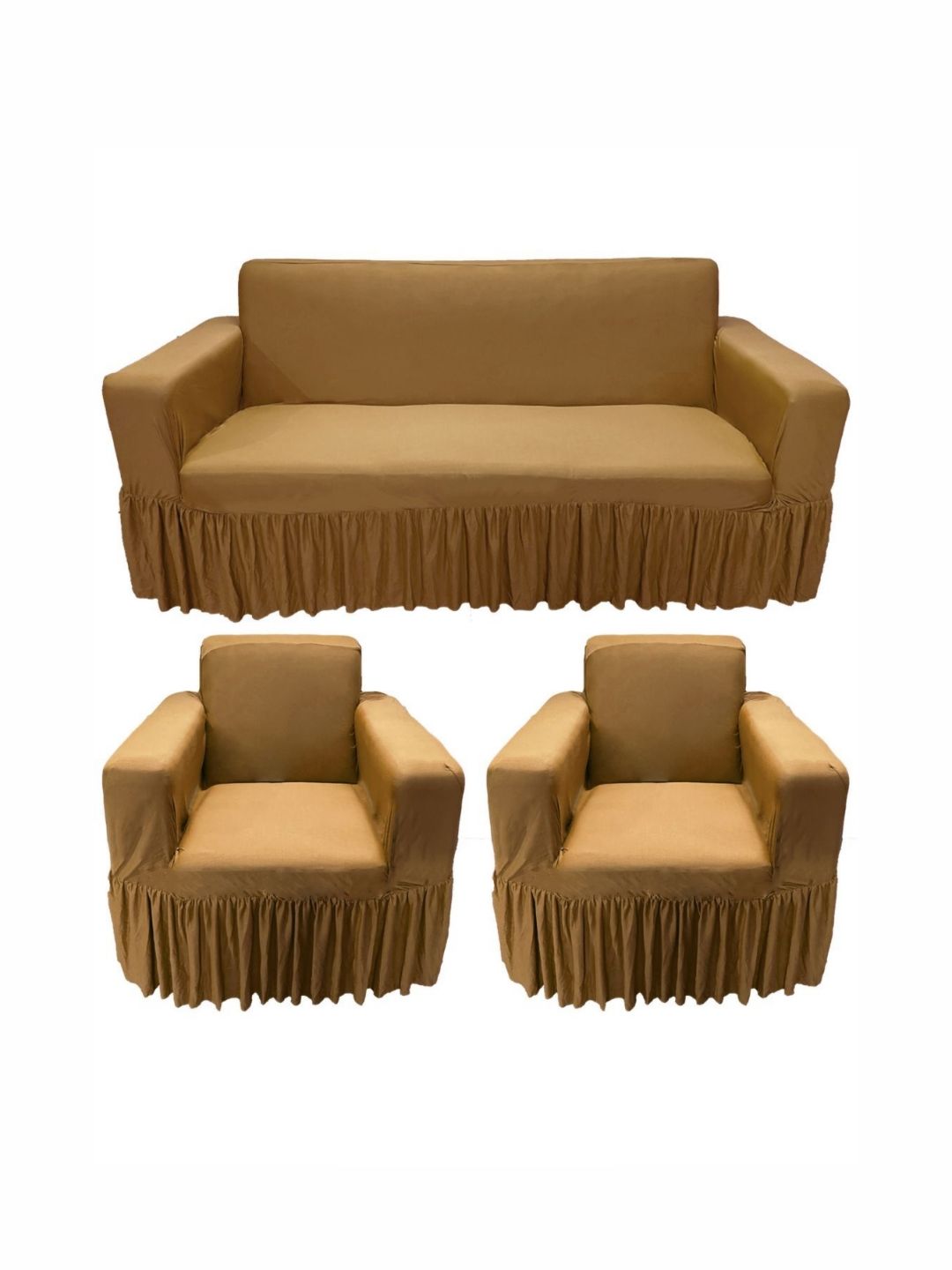 GIFTS ISLAND Camel Brown Solid Polyester 5 Piece Sofa Cover With Arms-image-19