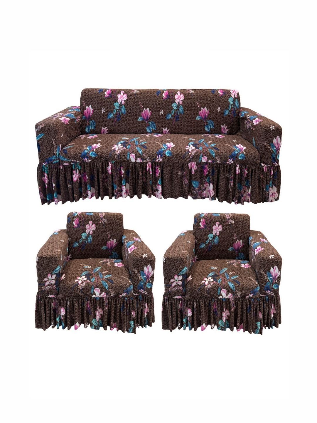 GIFTS ISLAND Brown & Pink Printed Polyester 5 Piece Sofa Cover With Arms-picture-57