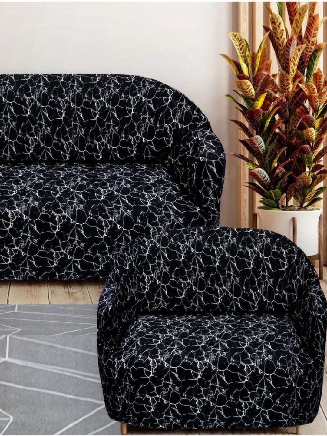 GIFTS ISLAND Black & White Printed Polyester 3 Piece Sofa Cover With Arms-picture-10