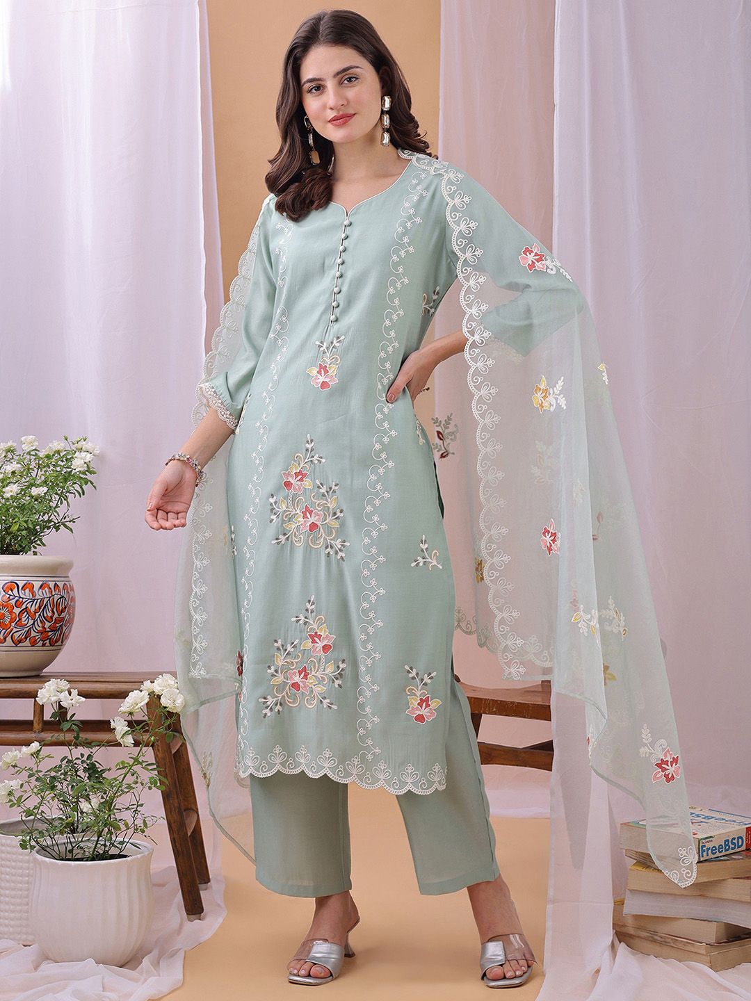 Label Khoj Women Ethnic Motifs Embroidered Regular Thread Work Kurta with Trousers & With Dupatta-picture-31