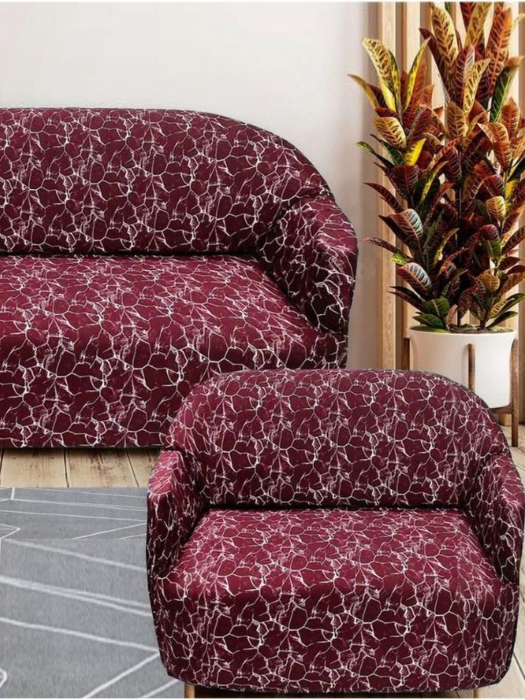 GIFTS ISLAND Maroon & White Printed Polyester 3 Piece Sofa Cover With Arms-picture-56