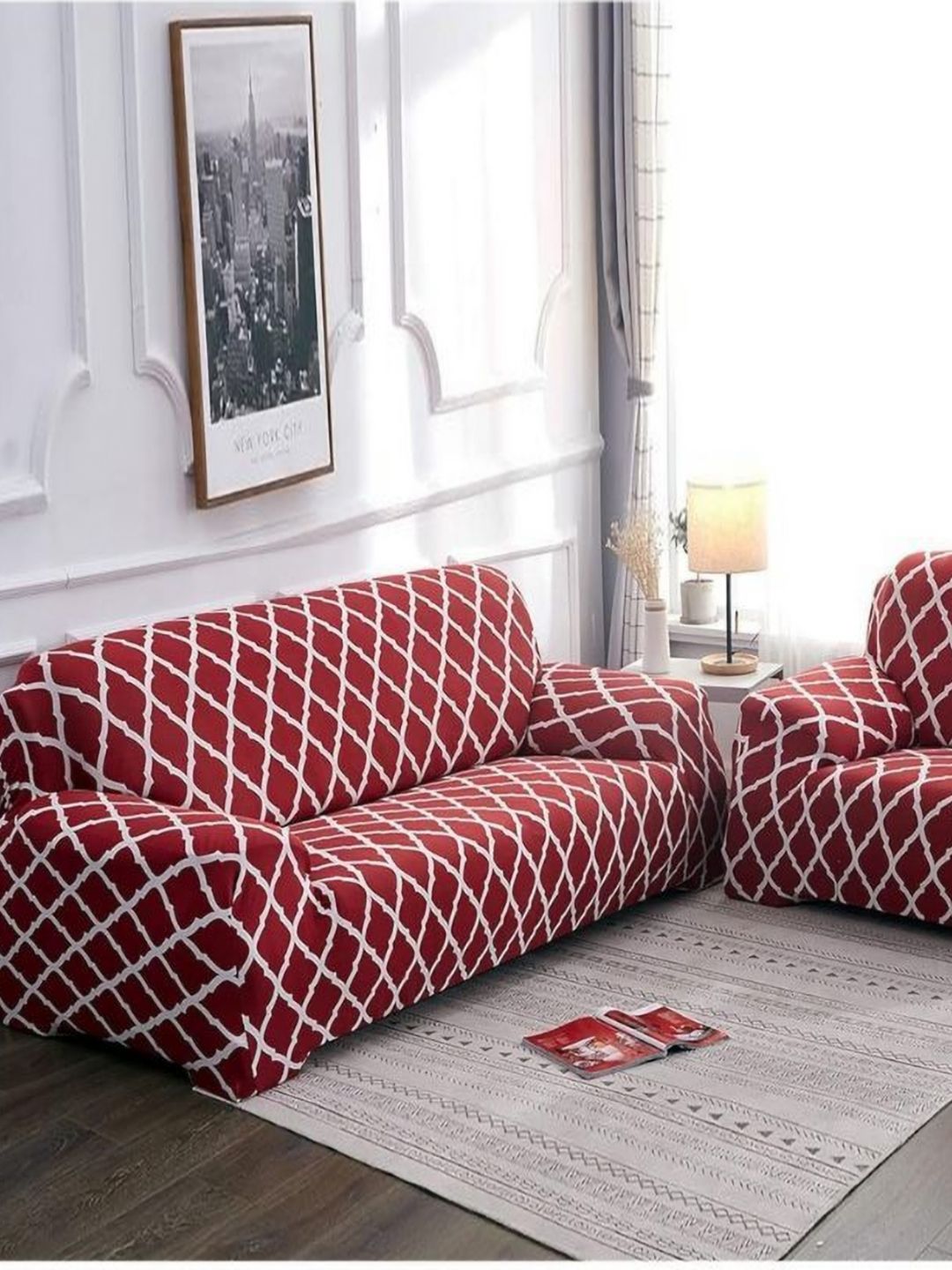 GIFTS ISLAND Maroon & White Checked Polyester 3 Piece Sofa Cover With Arms-picture-21