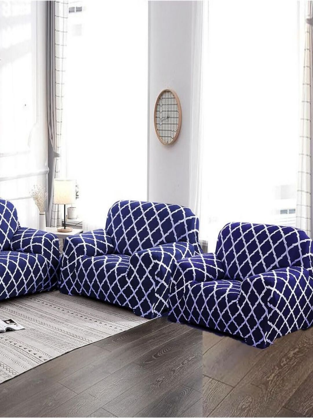 GIFTS ISLAND Blue & White Printed Polyester 3 Piece Sofa Cover With Arms-picture-52