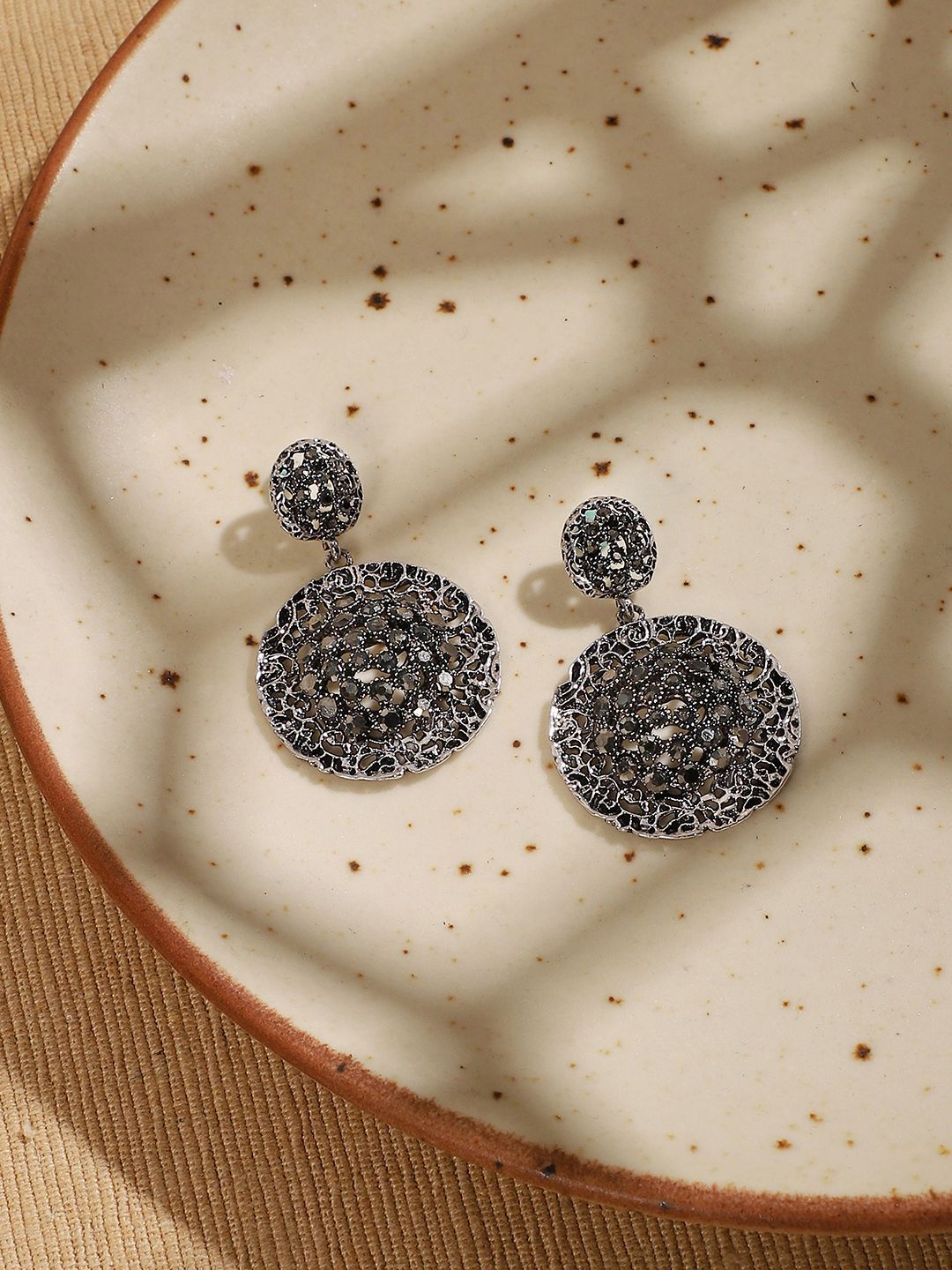 DressBerry Silver-Plated Artificial Stones Studded Circular Shaped Drop Earrings-picture-10