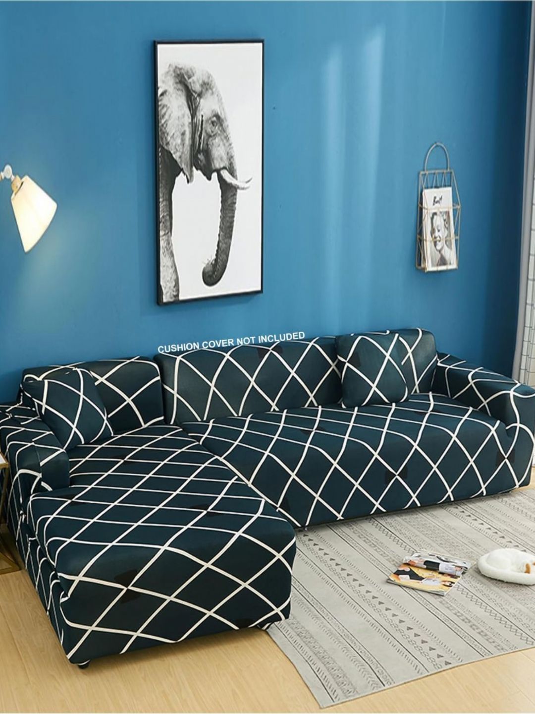 GIFTS ISLAND Blue & White 2 Pcs Printed L Shaped 6 Seater Sofa Cover With Arms-picture-54