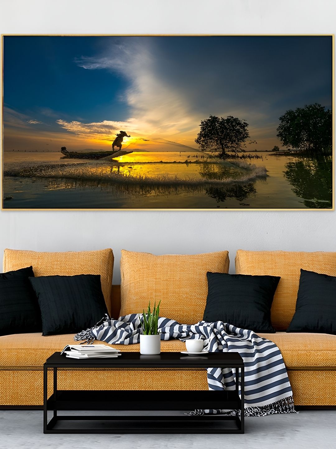 DEKORSTATION Blue & Gold Toned Boat Printed Canvas Wall Art-picture-34