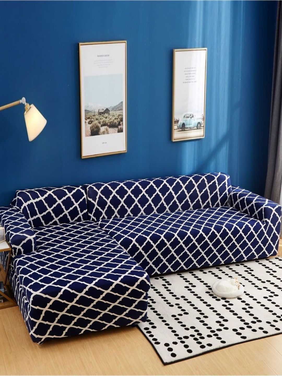 GIFTS ISLAND Navy Blue 2 Pieces Diamond Printed 3+3 Seater L-Shape Sofa Covers With Arms-image-27