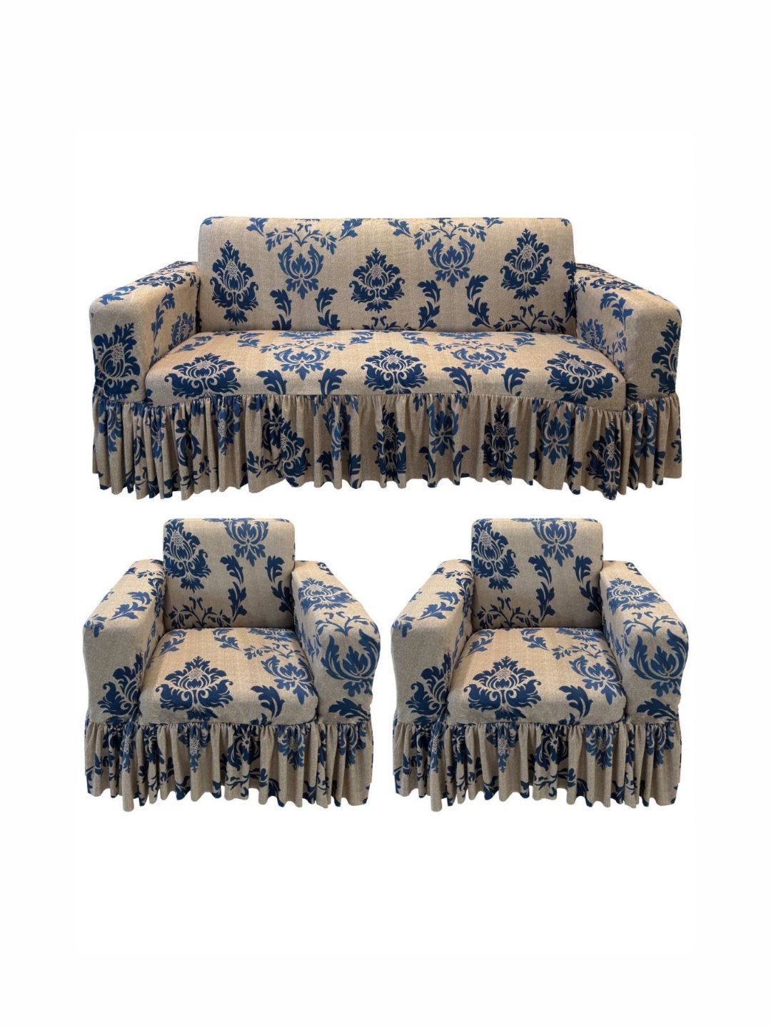 GIFTS ISLAND Beige & Navy Blue Printed Polyester 3 Piece Sofa Cover With Arms-image-15