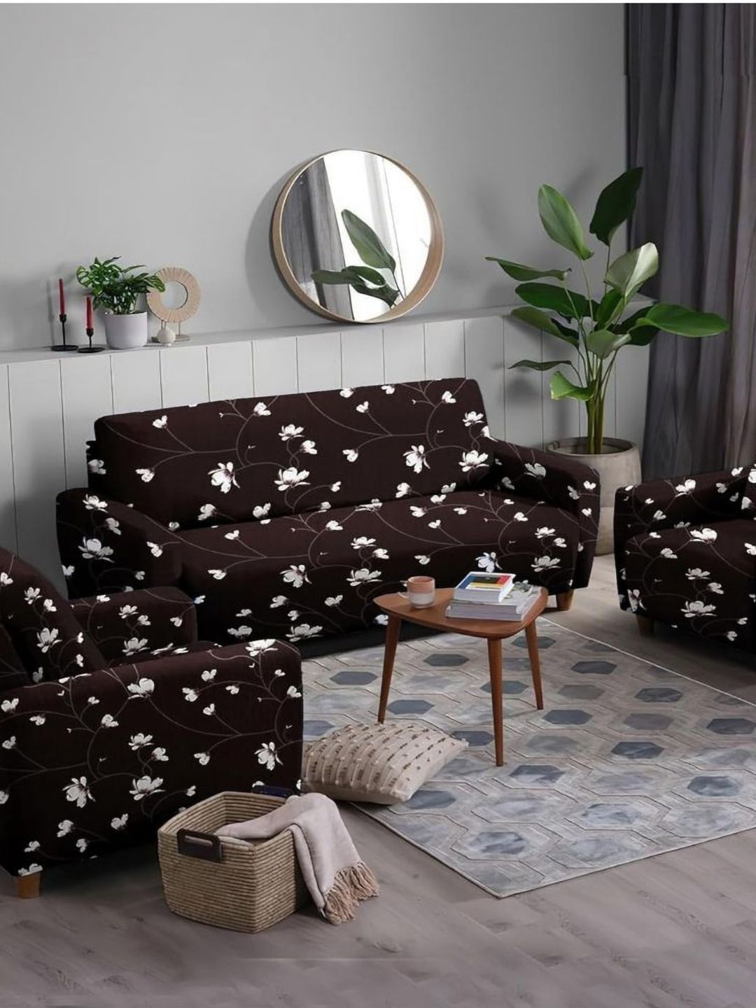 GIFTS ISLAND Brown & White Printed Polyester 4 Piece Sofa Cover With Arms-picture-20