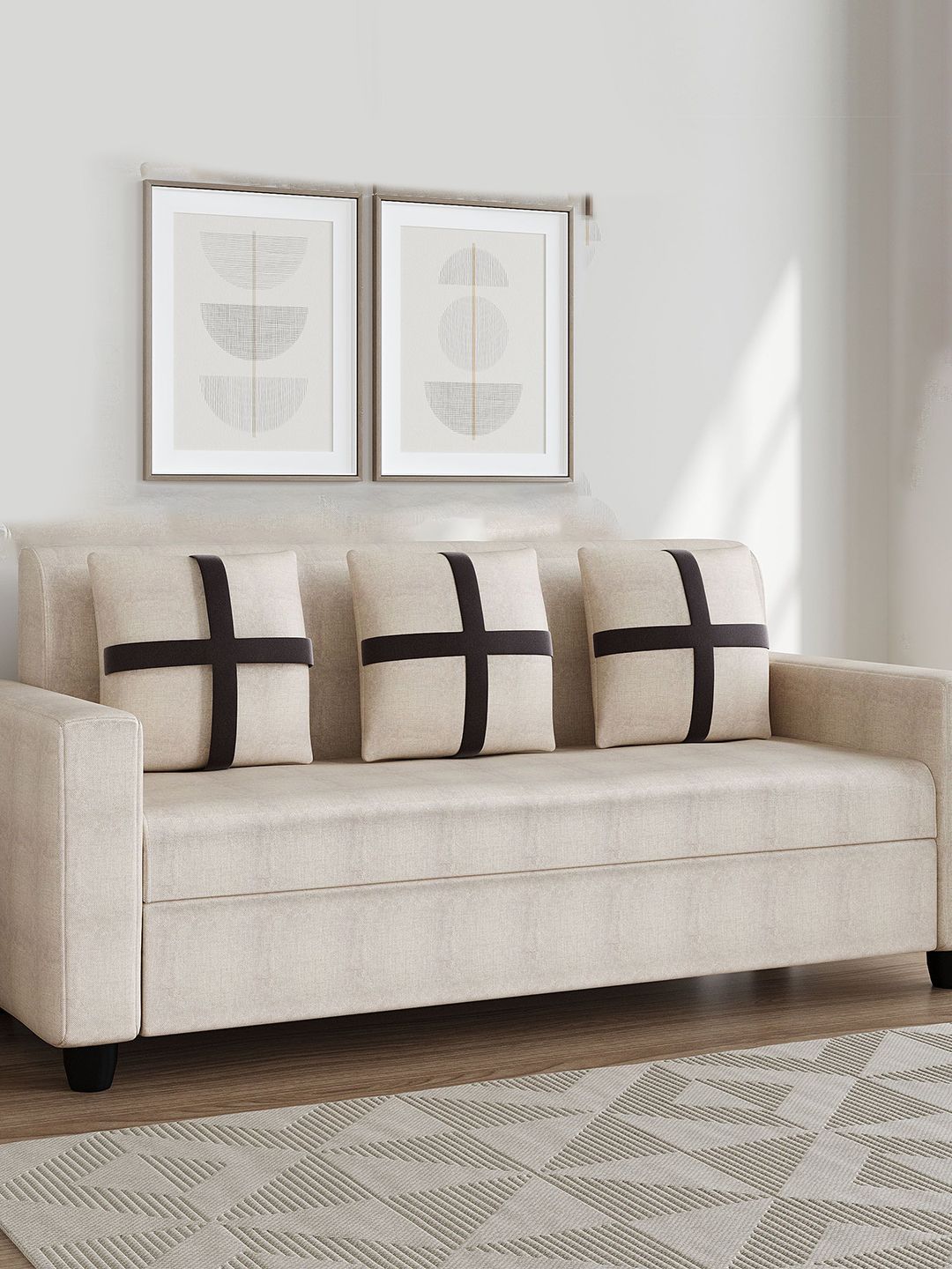 Alliewood Cream Wooded 3 Seater Sofa