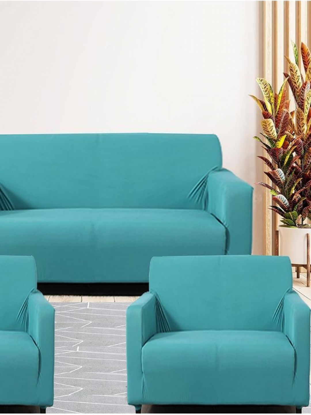 GIFTS ISLAND Teal Solid Polyester 3 Piece Sofa Cover With Arms-picture-21