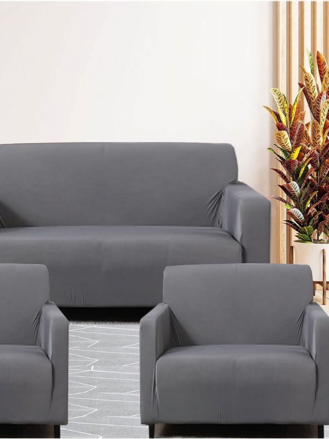 GIFTS ISLAND Grey Solid Polyester 3 Piece Sofa Cover With Arms-picture-42