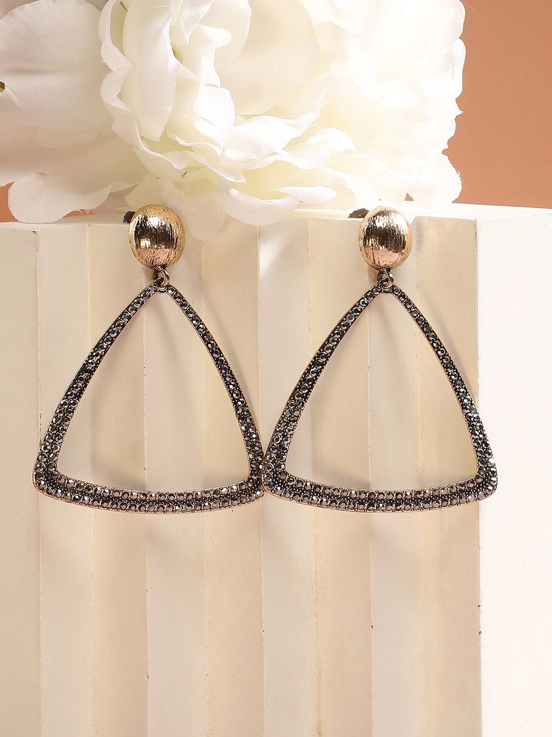 DressBerry Gold-Plated Artificial Stones Studded Triangular Shaped Drop Earrings-picture-19