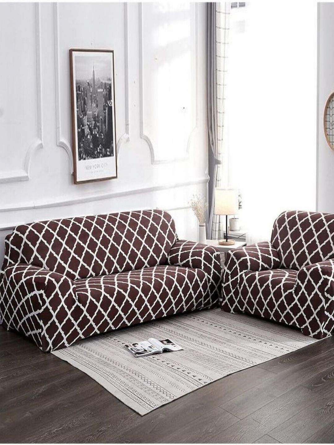 GIFTS ISLAND Brown & White Printed Polyester 3 Piece Sofa Cover With Arms-picture-30