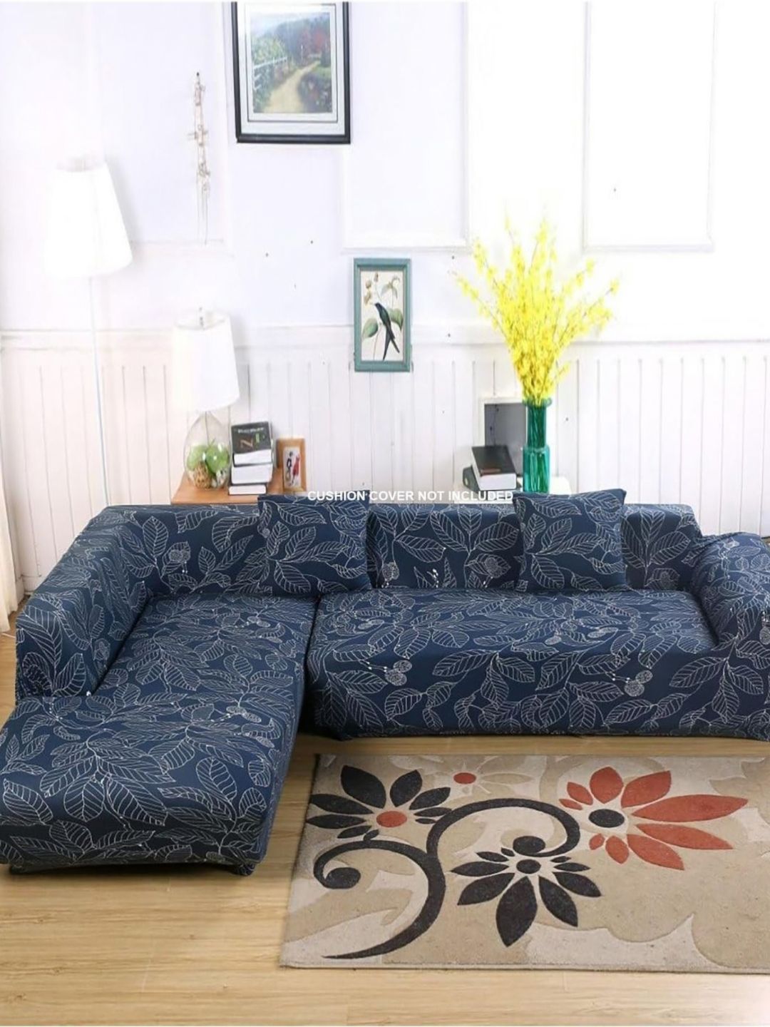 GIFTS ISLAND Blue & White 2 Pcs Printed L Shaped 6 Seater Sofa Cover With Arms-picture-17
