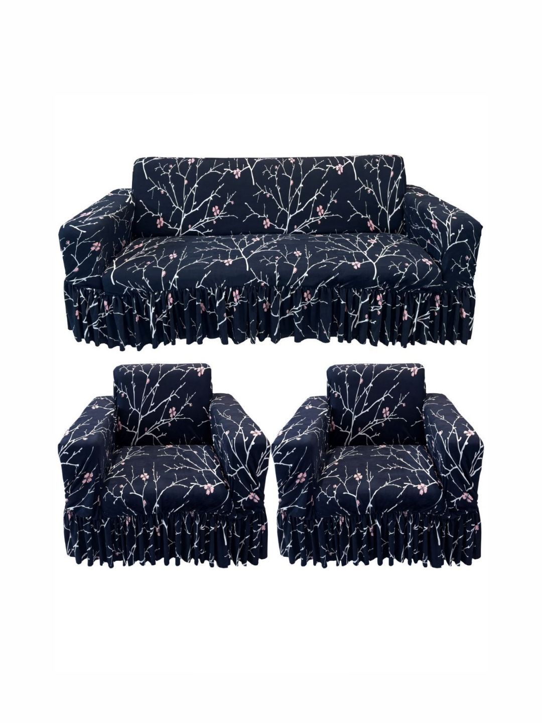 GIFTS ISLAND Black & White Printed Polyester 5 Piece Sofa Cover With Arms-picture-43
