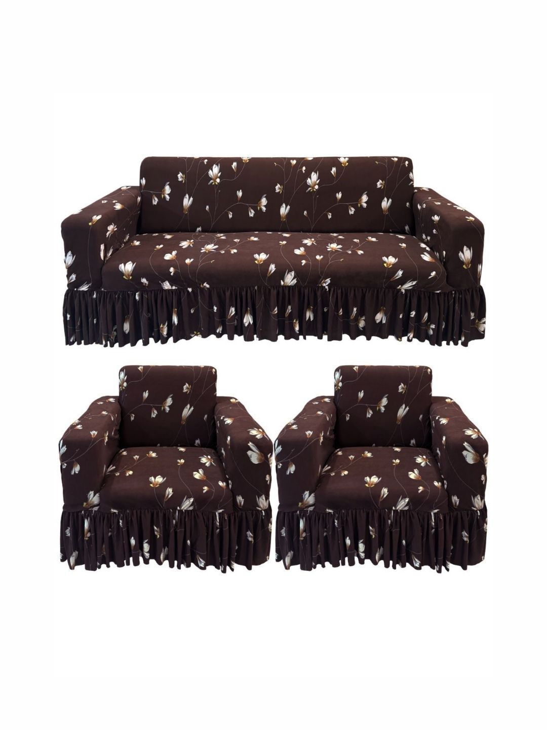 GIFTS ISLAND Brown & White Printed Polyester 3 Piece Sofa Cover With Arms-picture-32