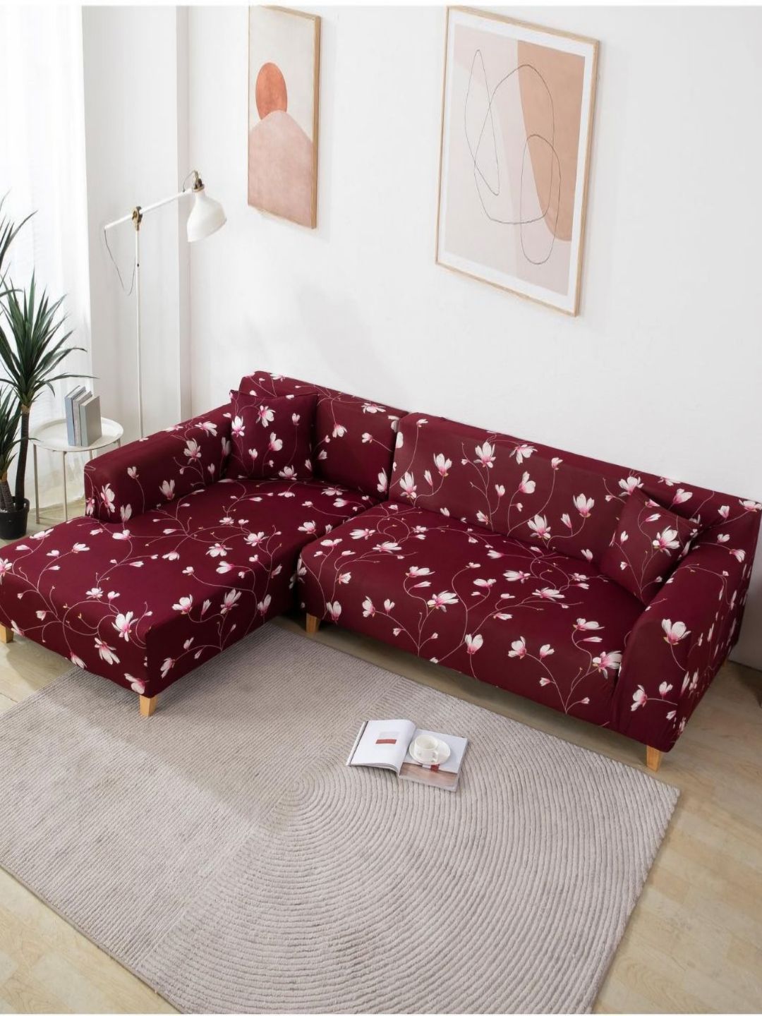 GIFTS ISLAND Maroon 2 Pieces Floral Printed 3+3 Seater L-Shape Sofa Covers With Arms-image-31