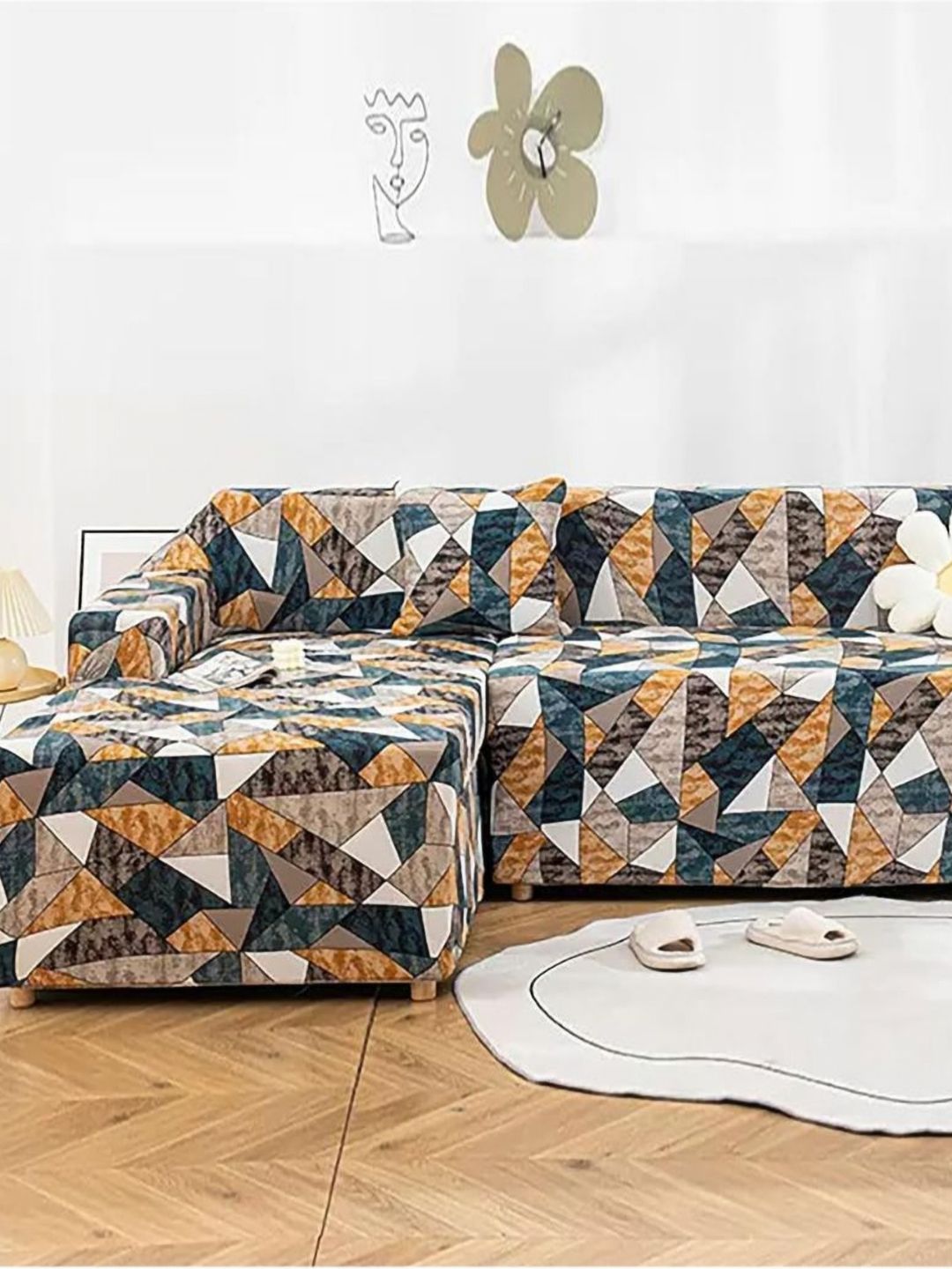 GIFTS ISLAND Grey & White 2 Pieces Printed 3 Seater L-Shape Sofa Covers With Arms-image-33