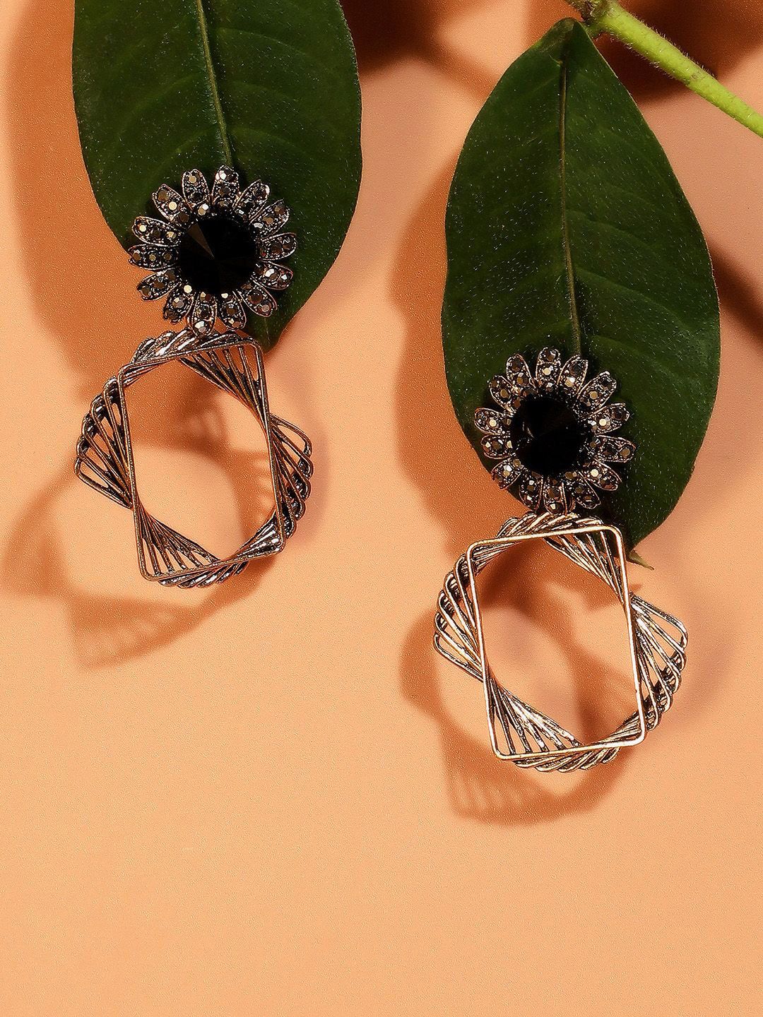 DressBerry Gold-Plated Artificial Stones Studded Floral Shaped Drop Earrings-picture-21